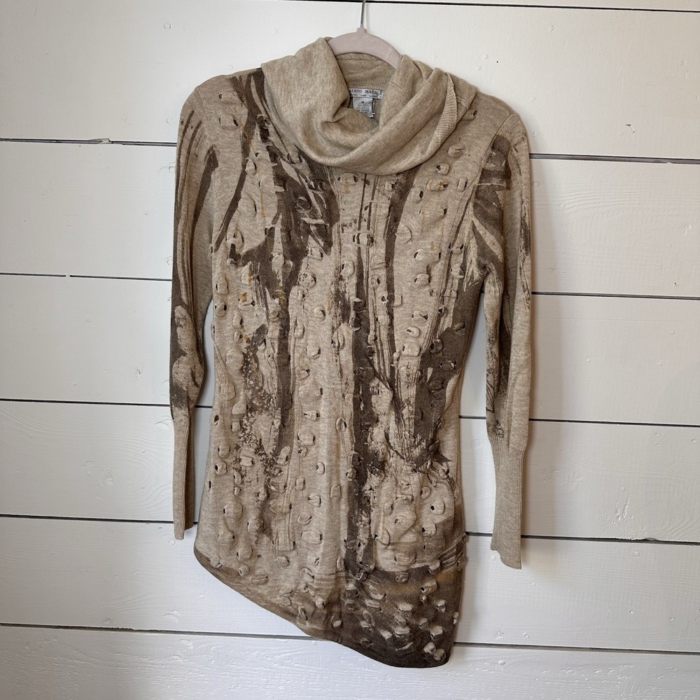 Alberto‎ Makali Brown Cowl Neck Wool Sweater Tunic M Distressed Asymmetric Artsy